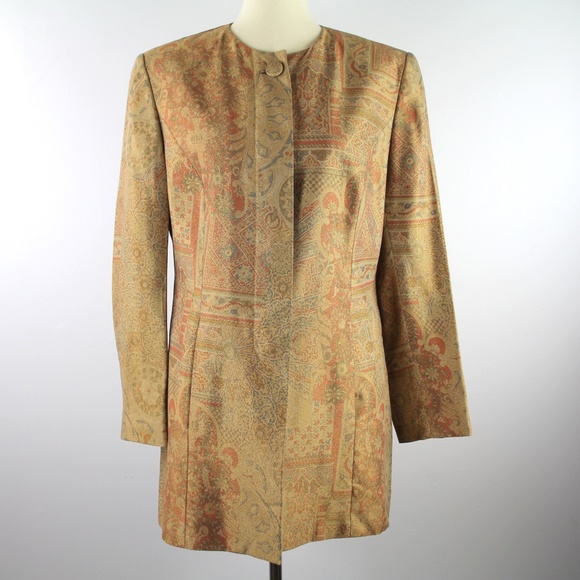 Louis Feraud Vintage Silk Gold Metallic Floral Paisley Blazer Jacket 10